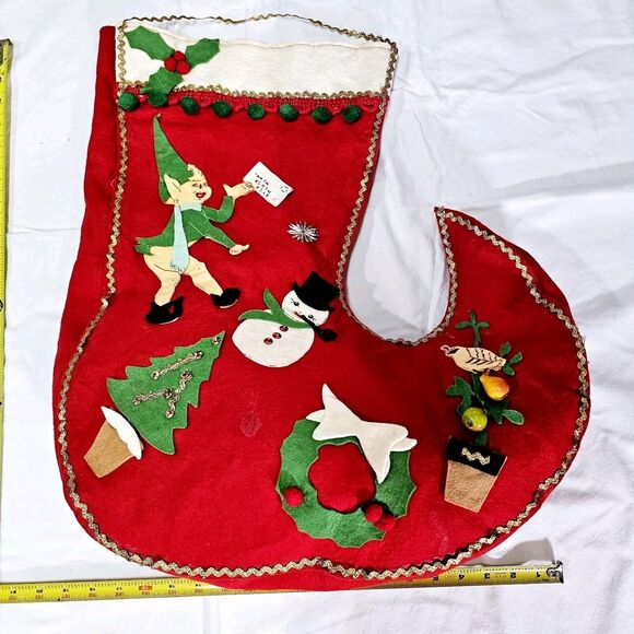 Vintage Large 22" Felt Pompoms Pixie Elf Christmas Stocking Tree Snowman 1960s - Picture 15 of 15